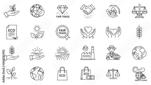 Fair Trade, Sustainability line icon set. Vector pictograms of ethical practices, eco-friendly initiatives, global responsibility, thin linear illustration.Vector icon set of fair trade .
