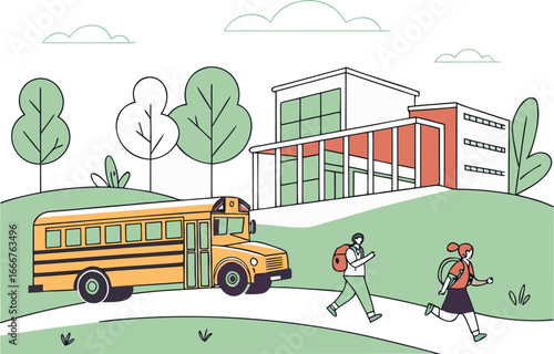 School bus arrives at modern school building with students walking