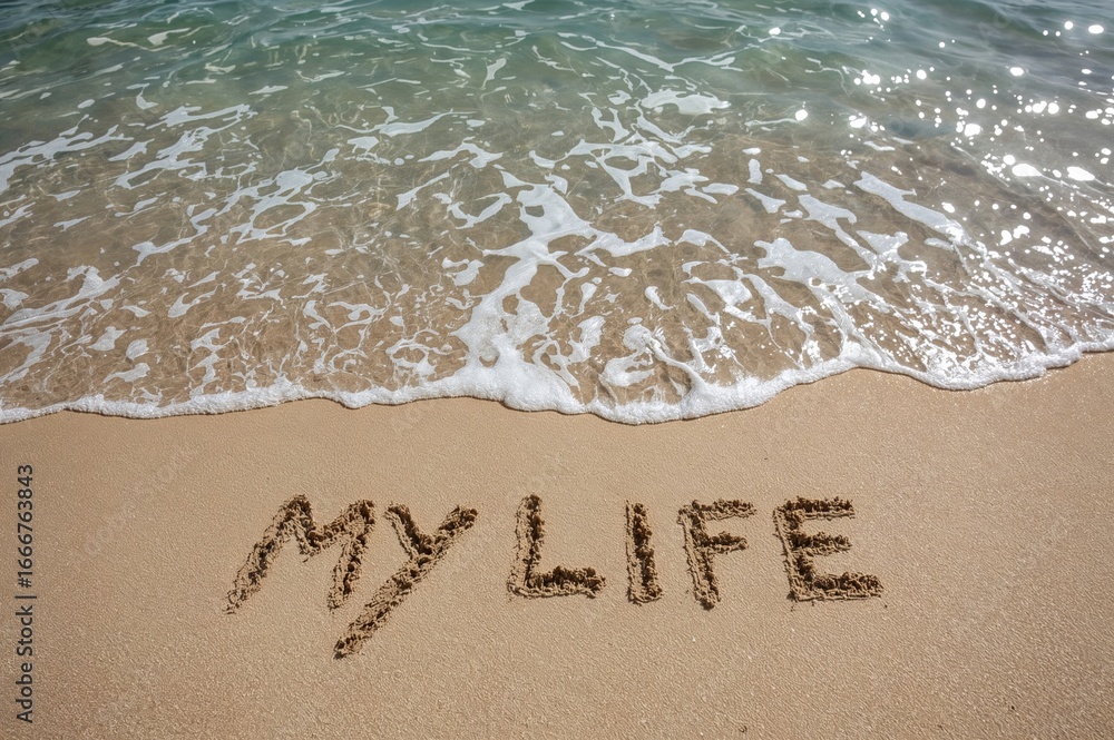 Fototapeta premium Contemplating existence: a reflection on aging and self-discovery with the phrase carved in beach sand about to be erased