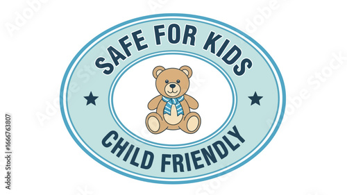 Illustrative graphic badge featuring a charming teddy bear, designed to signify child safety and friendly product suitability, perfect for labels and packaging