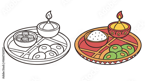 Diwali Puja Thali Icons in Outline and Solid Color Silhouettes