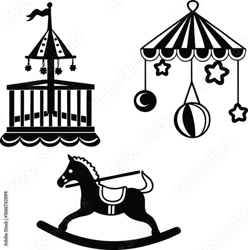 Vector cartoon illustration of a fun carousel with a silhouette of a horse and a dog, perfect for a holiday celebration design