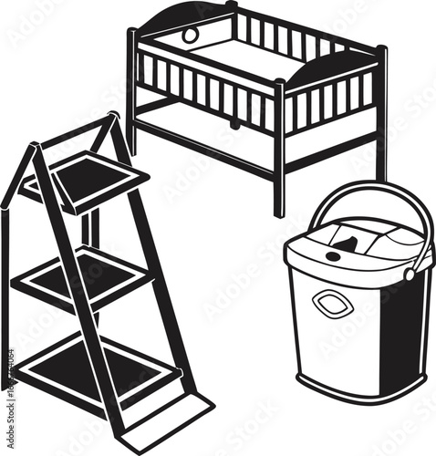 Illustration of a baby crib step stool and diaper pail