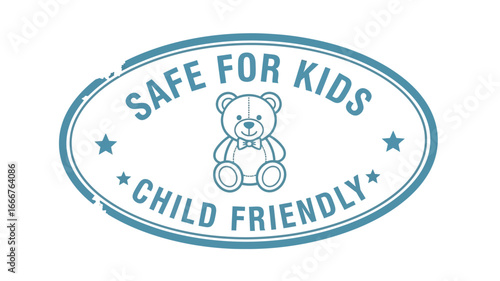 Certified child-friendly product assurance badge design, featuring a delightful teddy bear icon, symbolizing safety and suitability for children's enjoyment and welfare