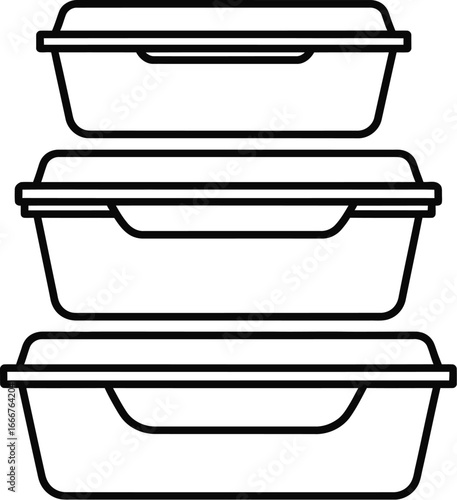 Stack of three clean food containers, ready for storage or takeout