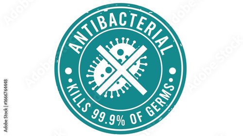 Circular label indicating effective antibacterial action, successfully eliminating a significant percentage of common germs and bacteria for enhanced hygiene and health protection