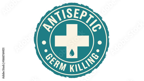 Vintage-inspired emblem for antiseptic and germ-killing products, featuring a distressed teal cross design on a clean white background, symbolizing health and hygiene