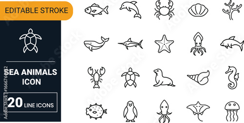 Sea animals vector icon set collection with fish, dolphin, turtle, crab, octopus, seahorse, coral reef and marine wildlife