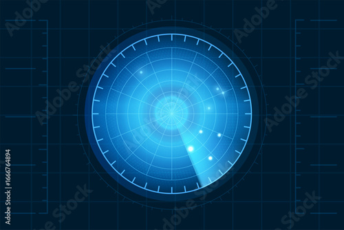 Realistic digital blue radar display in searching with targets, military detection system, vector navy or air sonar blip