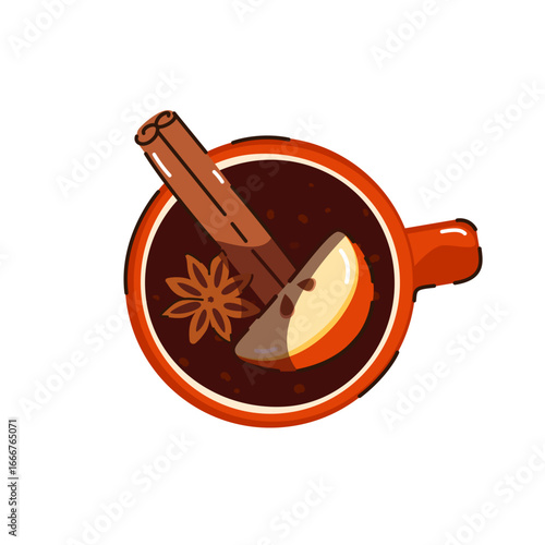 Apple punch, cider, with apple slices, cinnamon and anise. Hot winter, autumn cocktail, Christmas drink. Vector illustration.