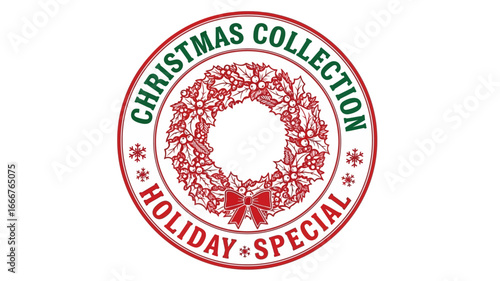 Elegant Christmas wreath emblem design, perfect for festive holiday collections and seasonal promotions, showcasing a classic winter botanical motif for joyous celebrations
