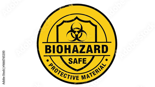 Circular distressed biohazard warning sign in yellow and black, indicating safety and protective material protocols for hazardous environments and biological risks, ideal for safety awareness