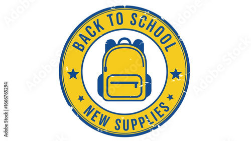 Vibrant yellow and blue grunge style back to school circular stamp graphic with backpack icon and text for new academic year supplies and educational journey