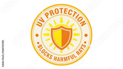 Vibrant yellow and orange circular emblem symbolizing essential UV protection from harmful sun rays, perfect for product labeling and health awareness campaigns