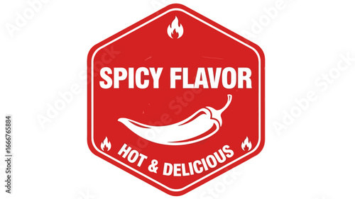 Vibrant red hexagonal label design featuring a fiery chili pepper, perfect for advertising hot and delicious food flavors with an intense spicy kick