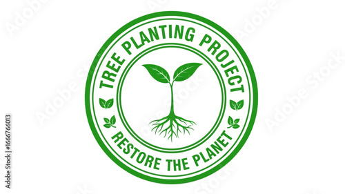 Vibrant green circular emblem with a symbolic growing plant and roots, representing a dedicated project for environmental restoration and sustainable planet stewardship
