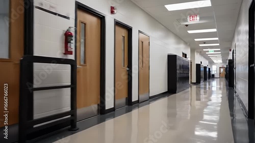 Dynamic empty school hallway with polished floors ready for students and learning success