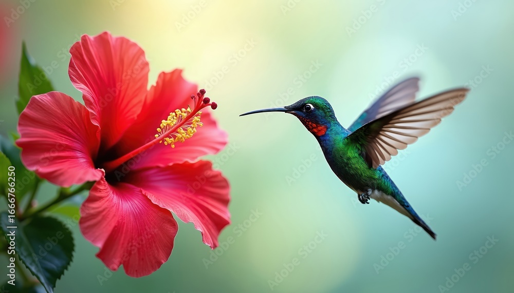Fototapeta premium Vibrant hummingbird hovers near bright red hibiscus flower, wings blurred in motion. Tiny bird with iridescent green, blue plumage sips nectar from tropical bloom. Close-up view of fauna in natural