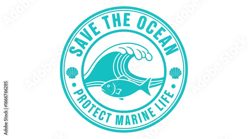 Stylized circular graphic for ocean conservation, featuring a teal and white design with a dynamic wave, a graceful fish, and a message to protect marine life