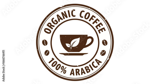 Vector illustration of an organic coffee badge, elegantly designed with a rustic, vintage stamp aesthetic, highlighting 100% Arabica beans. Features a stylized coffee cup adorned with a delicate leaf