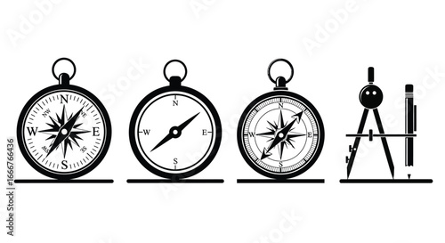 Vintage compasses and drafting tool collection for navigation and exploration studies vector