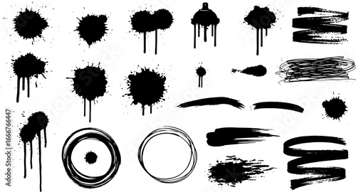 Spray graffiti element set, can splatter vector brush drip freehand kit, urban street black grunge. Cool hand writing stain splash, dirty messy airy ink stroke and circles. Spray graffiti dark splash