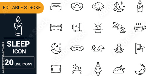 Sleep vector icon set collection with bed, pillow, dream, moon, night, relaxation, insomnia, healthy rest and bedtime symbols