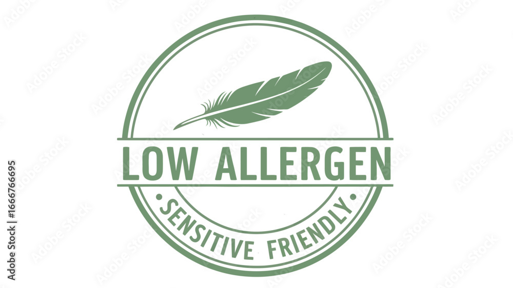 Stylized circular emblem in soft green tones, featuring a feather illustration, denoting low allergen characteristics and a gentle, sensitive-friendly quality for various applications Stylized circular emblem in soft green tones, featuring a feather illustration, denoting low allergen characteristics and a gentle, sensitive-friendly quality for various applications