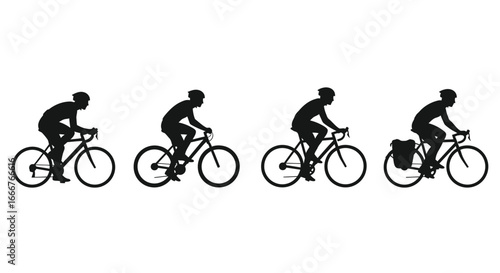 Cyclists in silhouette showcasing different bike types and riding styles progression vector