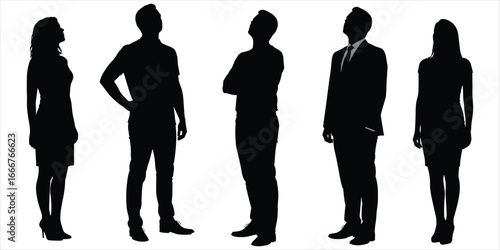Five business people silhouettes in profile and front view on white group