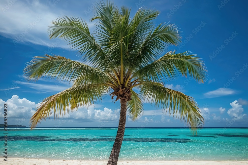 Fototapeta premium Tropical palm tree by the ocean shore with lush greenery and summer vibes
