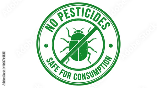 Vibrant green vector emblem promoting pesticide-free produce and safe consumption, highlighting organic farming practices for healthy food. This illustrative graphic assures natural quality