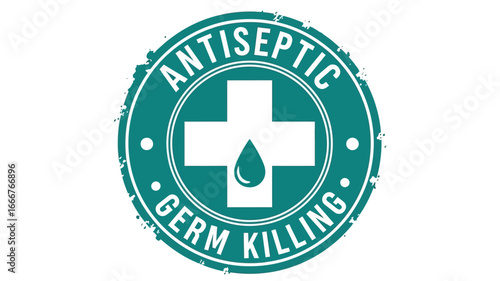 Circular graphic design illustration featuring a medical cross symbol with a drop, emphasizing antiseptic and germ-killing properties for health and hygiene products