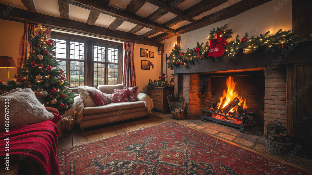 Fototapeta premium a countryside cottage living room decorated for Christmas, low wooden beams, roaring fire
