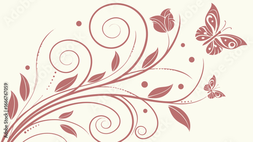 Pink Floral Swirls with Butterflies flourish vine