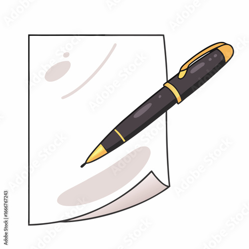 Black and gold pen resting on white paper writing stationery