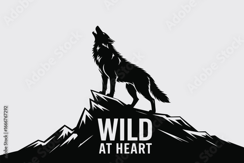 Silhouette of a howling wolf standing on a mountain peak, embodying the spirit of the wild at heart