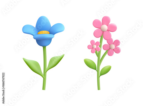 Blooming flora decoration, volumetric flowers in blossom. Vector 3d style, isolated wildflowers with stem and leaves. Foliage and branch of bouquet. Seasonal floristic design for game scenery