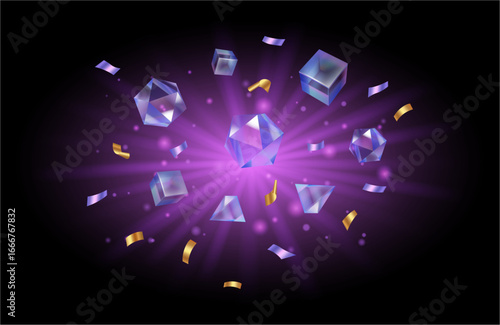 Diamonds or transparent crystal stones with confetti. Vector realistic celebration of victory, casino or gambling banner decoration. Jewelry sparkling gems with shiny and glittering effect