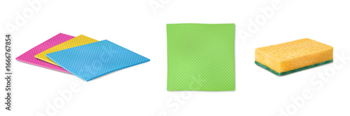 Cleaning fabric cloth, sponge for removing dust from surface. Vector in realistic style, housework and sanitary rag for housekeeping home tidiness. Chores equipment and accessories for wiping