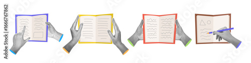 Halftone collage cutout of hands holding, reading and writing in books, textbooks or journals. Vector in flat style, education and studying, self improvement and development, thinking brainstorming