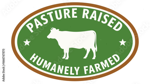 Green oval graphic emblem with a cow silhouette, representing pasture-raised and humanely farmed livestock. Artwork for ethical food sourcing and sustainable agriculture