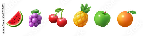 Slot machine game and gambling in casino, isolated set of fruits for user interface. Vector in realistic UI style. Online gaming and betting. Pineapple and watermelon, grapes and apple, orange cherry