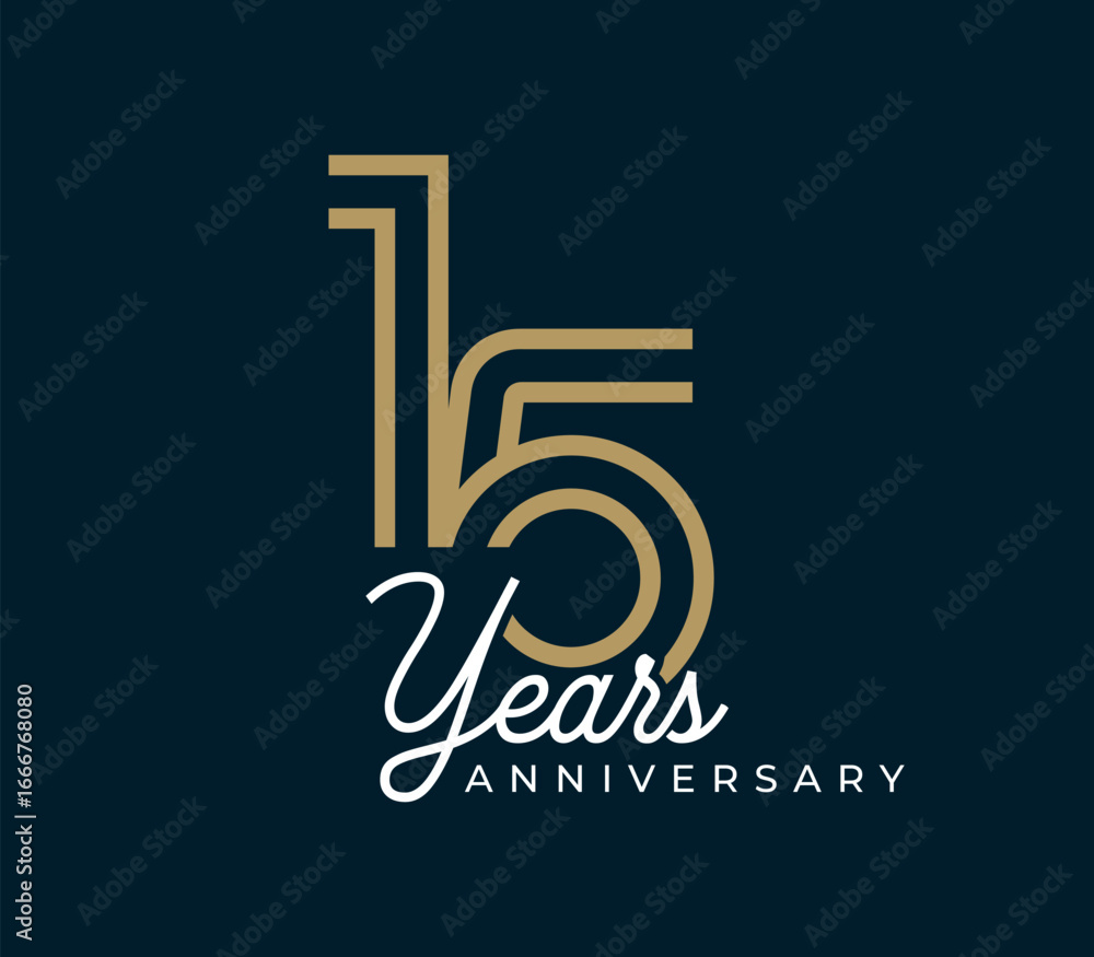 15 Years Anniversary design vector illustration. Unique 15 years logo design template. In gold color