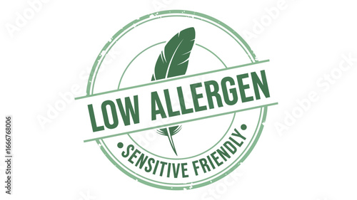 Vintage style green stamp icon for low allergen and sensitive friendly products, emphasizing hypoallergenic qualities and gentle care for sensitive individuals