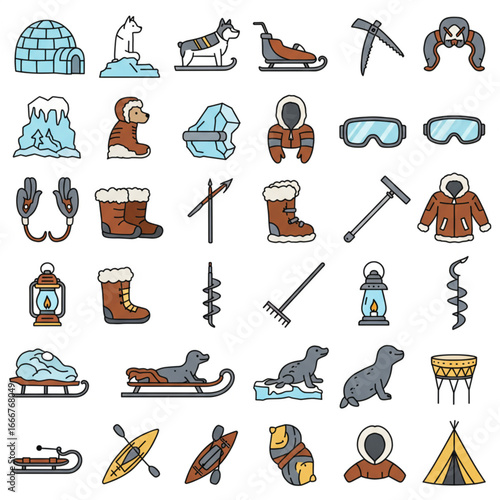 Collection of Arctic and Inuit themed icons and illustrations on white.