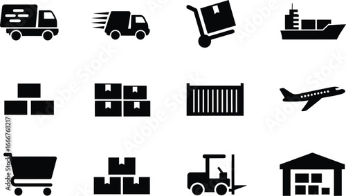 Collection of icons representing various transportation and logistics methods for shipping and delivery.