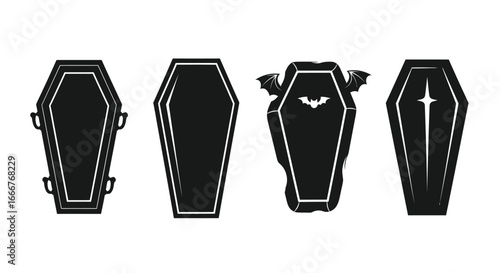 Four stylized black coffin silhouettes featuring halloween gothic cemetery horror decorations vector