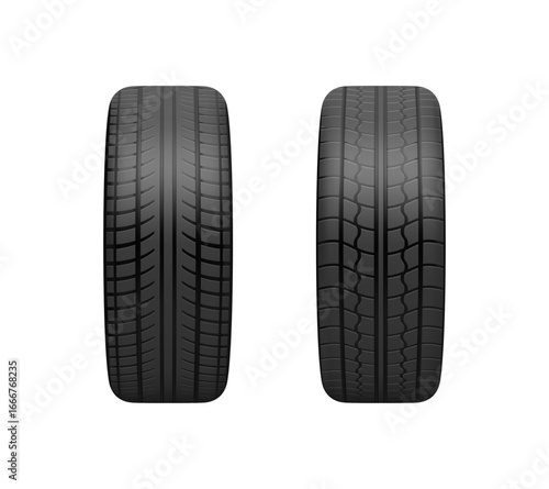 Black rubber car tires with pattern. Vector realistic set of automobile protectors, vehicle or truck maintenance and spare parrs for driver. Front view of round rings for auto or sportscar
