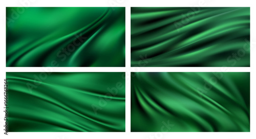 Green drapery silk fabric luxury background. Vector realistic texture, wavy abstract satin cloth pattern. Smooth shiny drape material curtain. Set of elegant velvet curve motion design